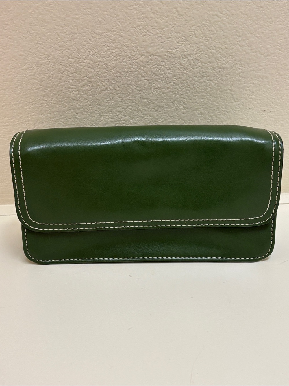 Women's Green Leather Flap Clutch with Contrast Stitching